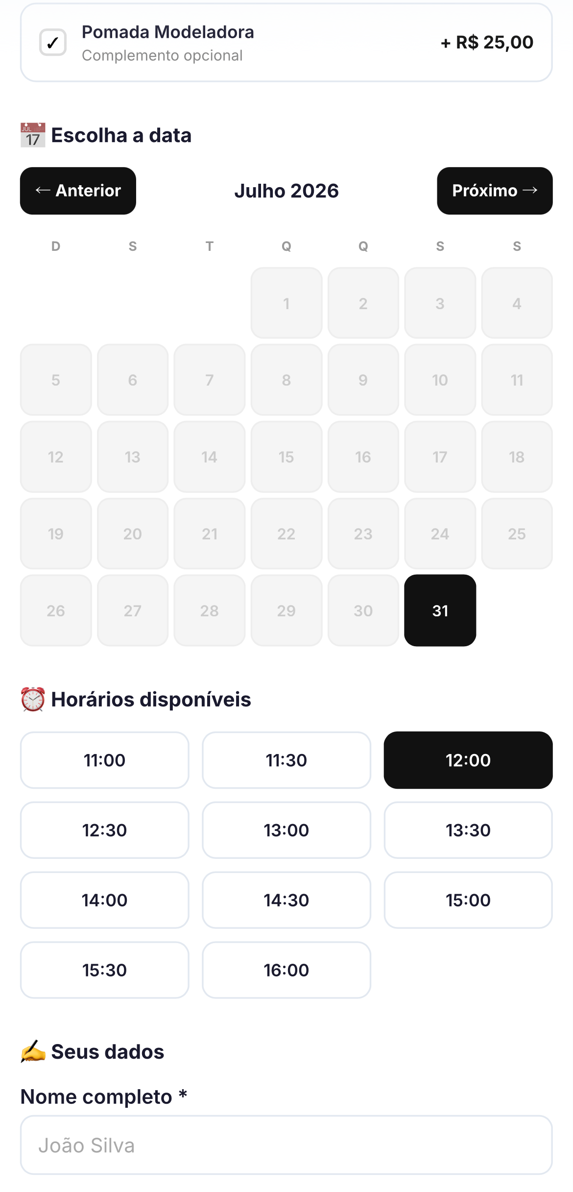 Tela de agenda do AgendaFlow para barbearias, com serviços, barbeiros e horários