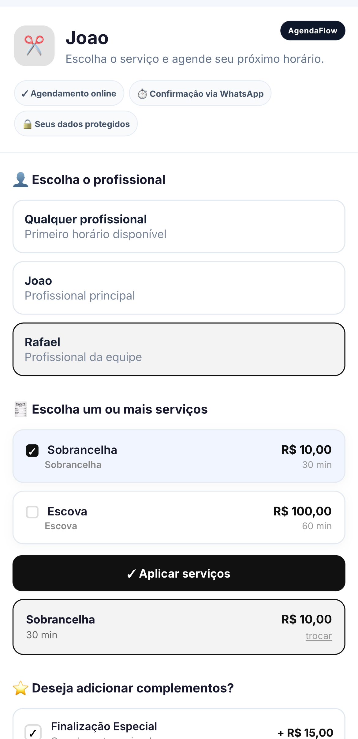 Tela de confirmação do agendamento no AgendaFlow